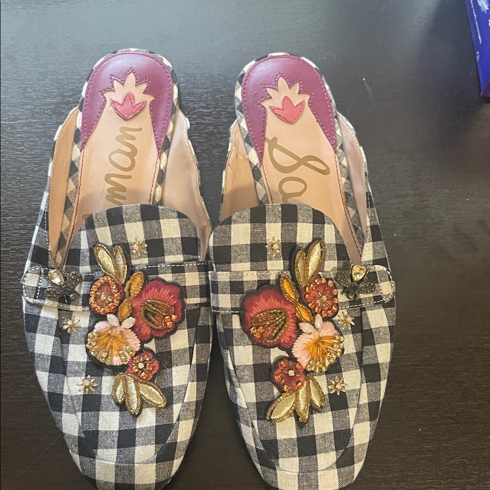 Sam Edelman Checkered Mules with Floral Embroidery